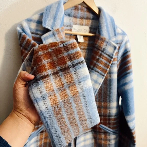 Rachel Zoe Light Blue Plaid Wool-Blend Trench Coat - Picture 3 of 9